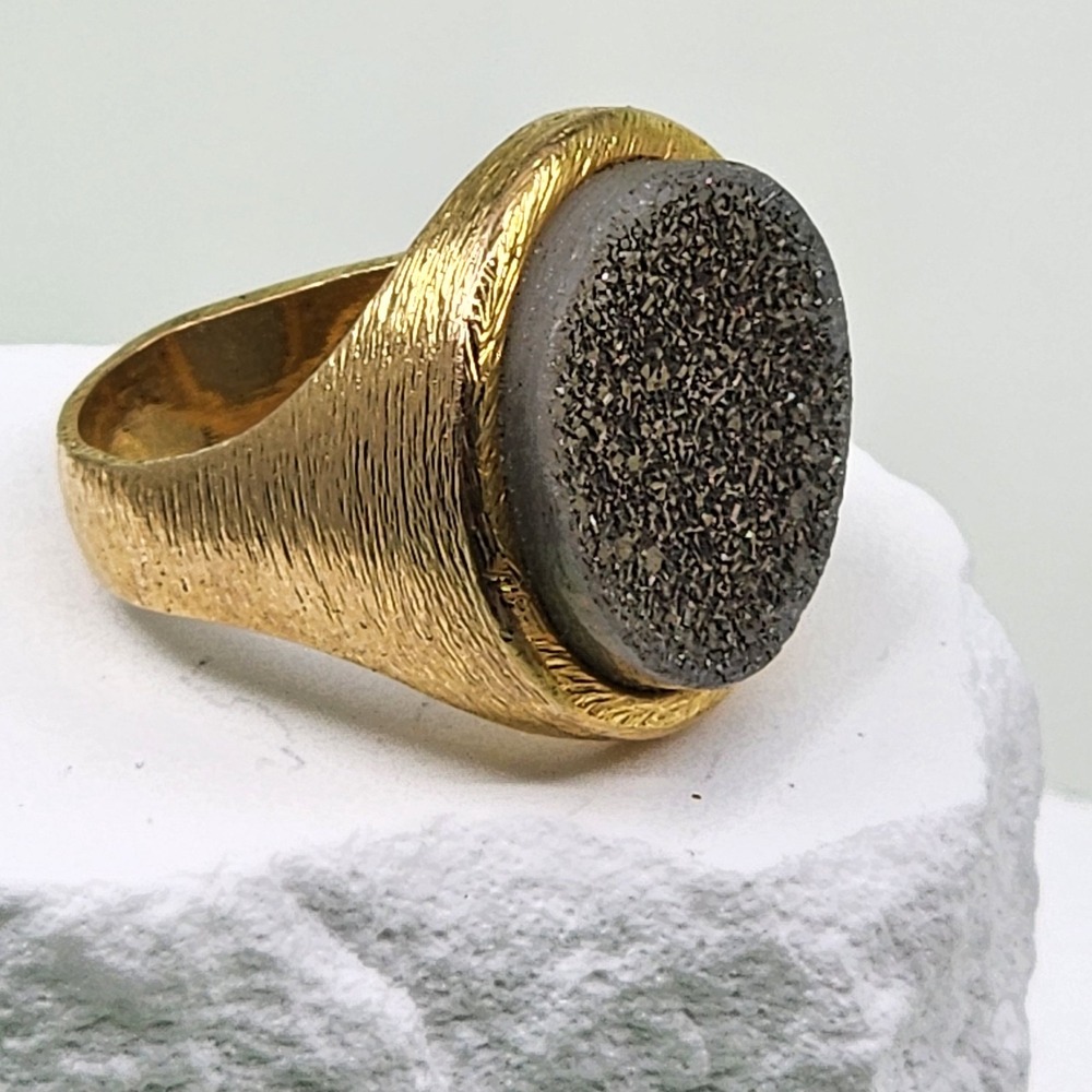 Gold Tone Gray Sparkle Druzy Statement Ring Texture Band Cocktail Jewelry Sz 6.5